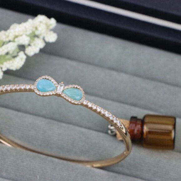 Elegant Rose Gold Bangle with Aqua Bow and Crystal Accents, XPBL0423 - Picture 11 of 12